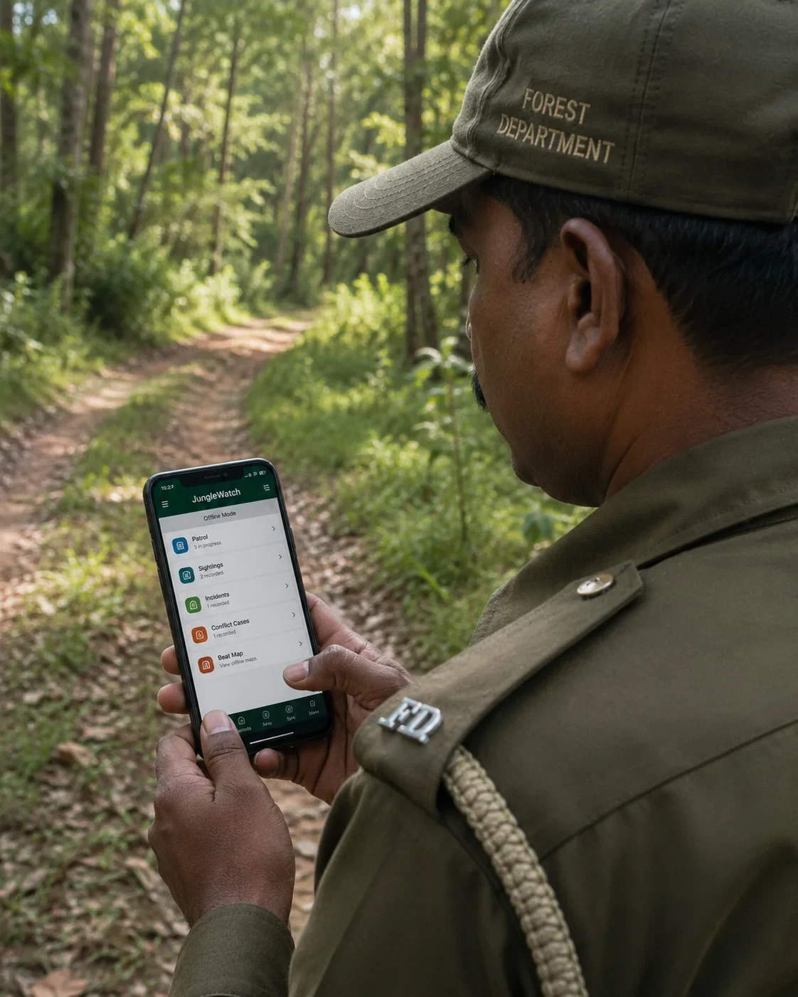 A uniformed forest officer on a jungle track entering field data on a phone.