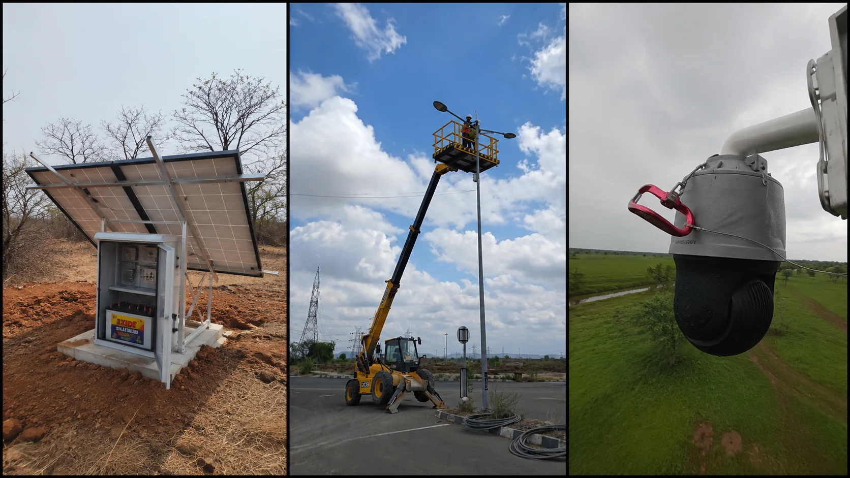 Three DigiNetra field installation scenes: a solar array with its battery cabinet open on a concrete foundation, a crew in a telehandler basket mounting equipment on a pole, and a PTZ camera on its mount overlooking grassland.