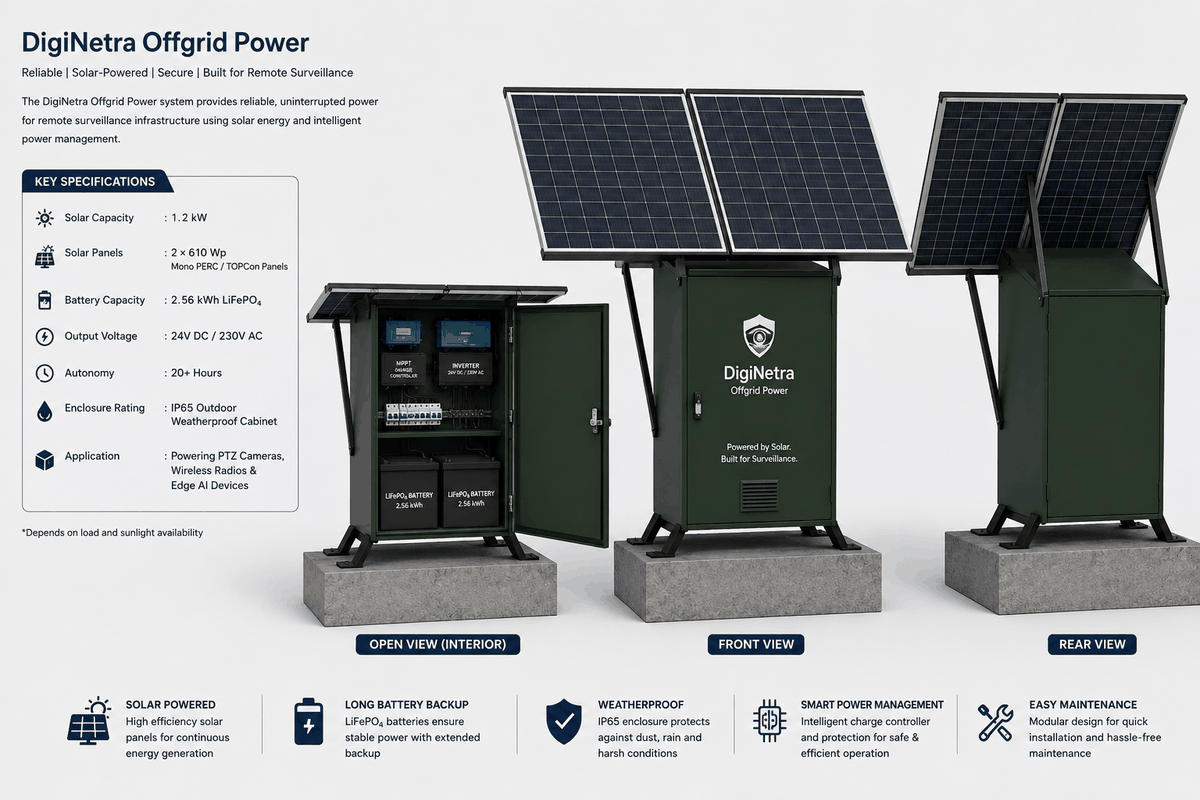 DigiNetra off-grid power system showing interior, front and rear views of the solar-powered IP65 cabinet with LiFePO4 batteries, MPPT controller and inverter.