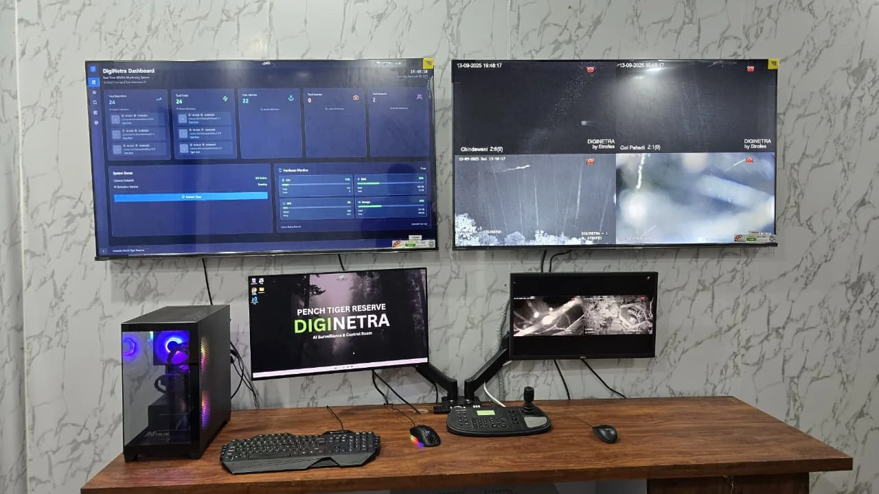 The Pench control room at night: the Mirage dashboard showing detection counts and hardware status beside a quad view of infrared camera feeds from Chindewani and Gol Pahadi.