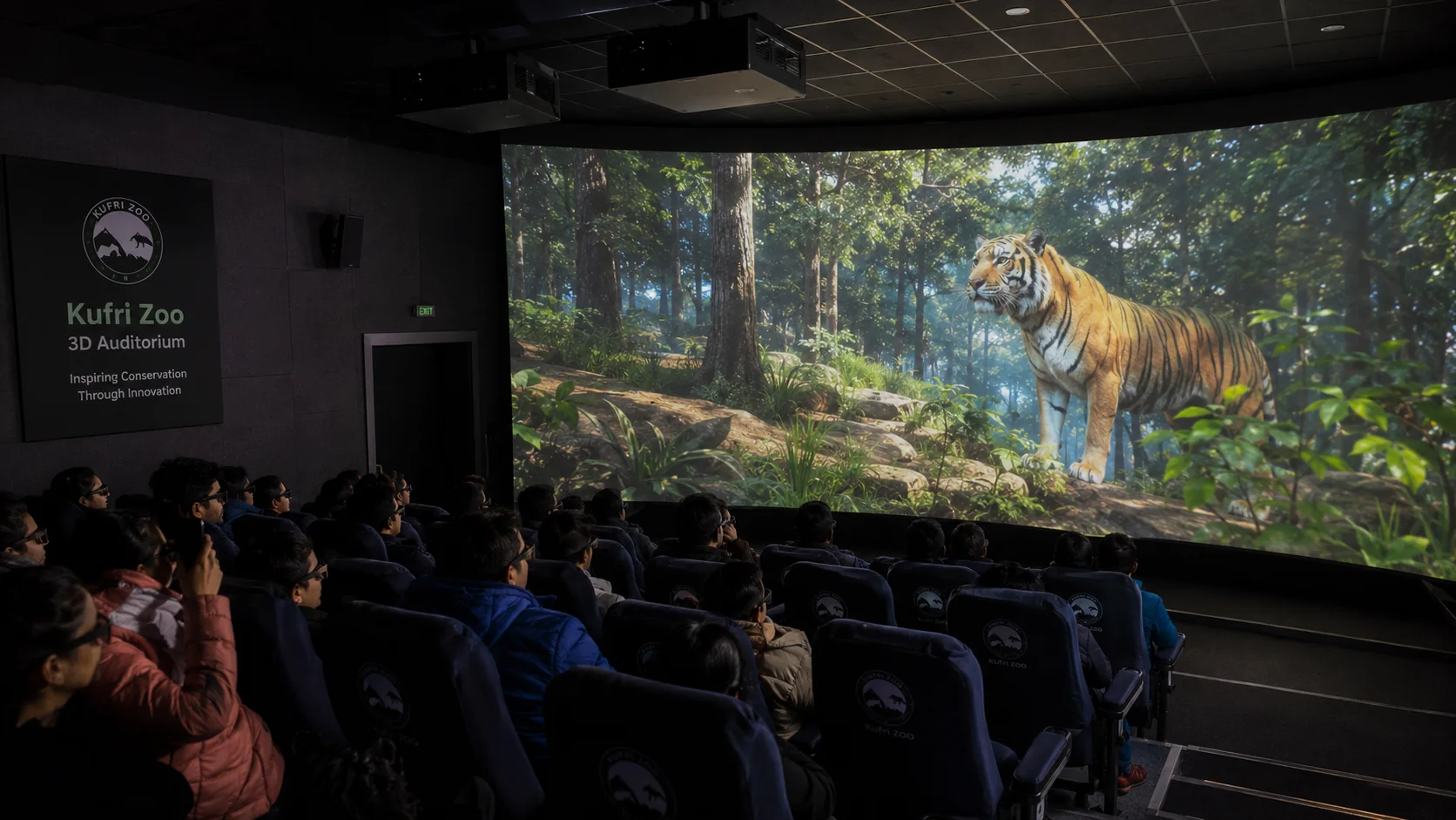 Visitors seated in the Kufri Zoo 3D auditorium watching a curved immersive projection of a tiger in forest habitat.