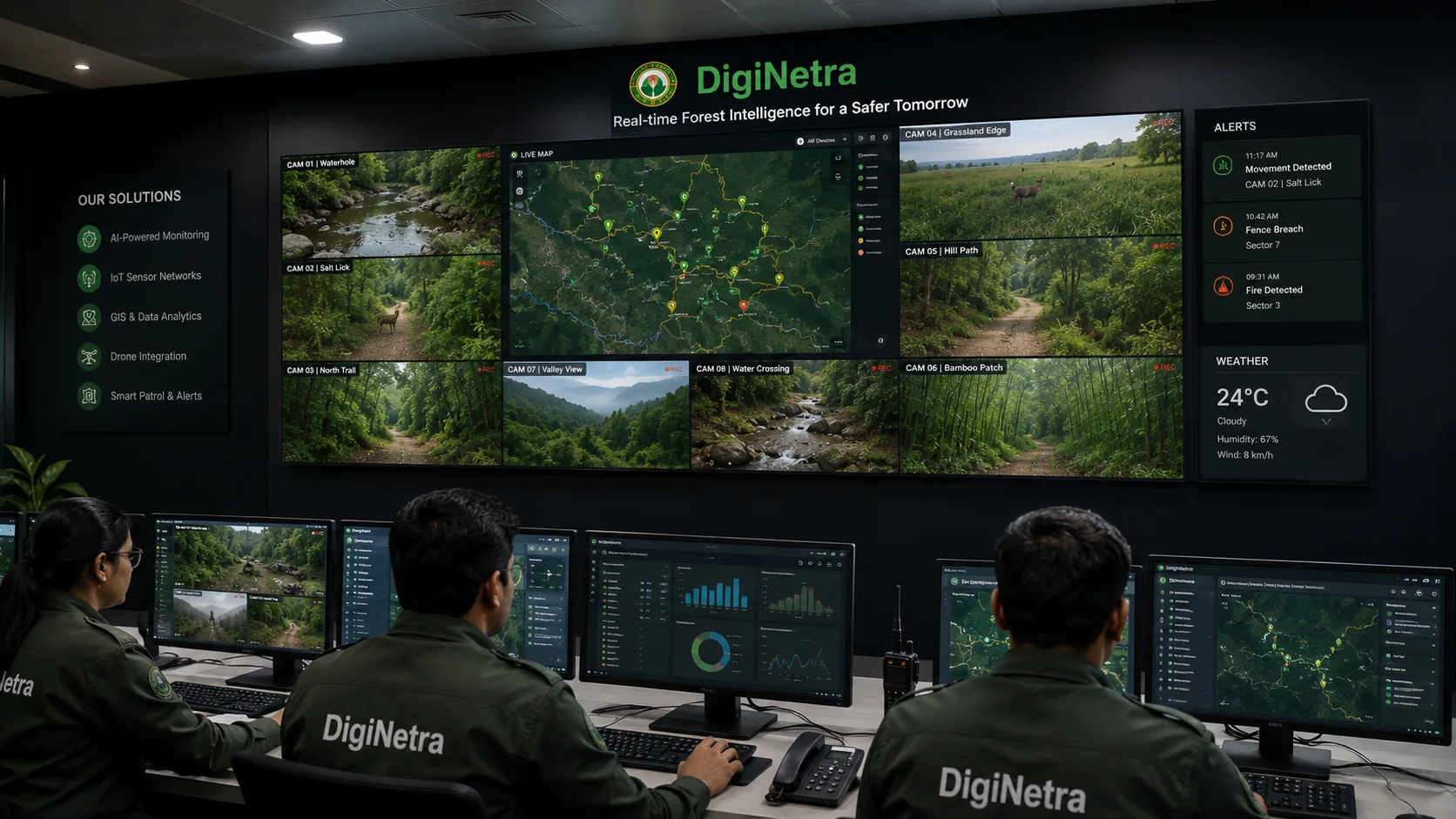 Strofes operators at a multi-screen operations desk reviewing live forest feeds, alerts and analytics dashboards.