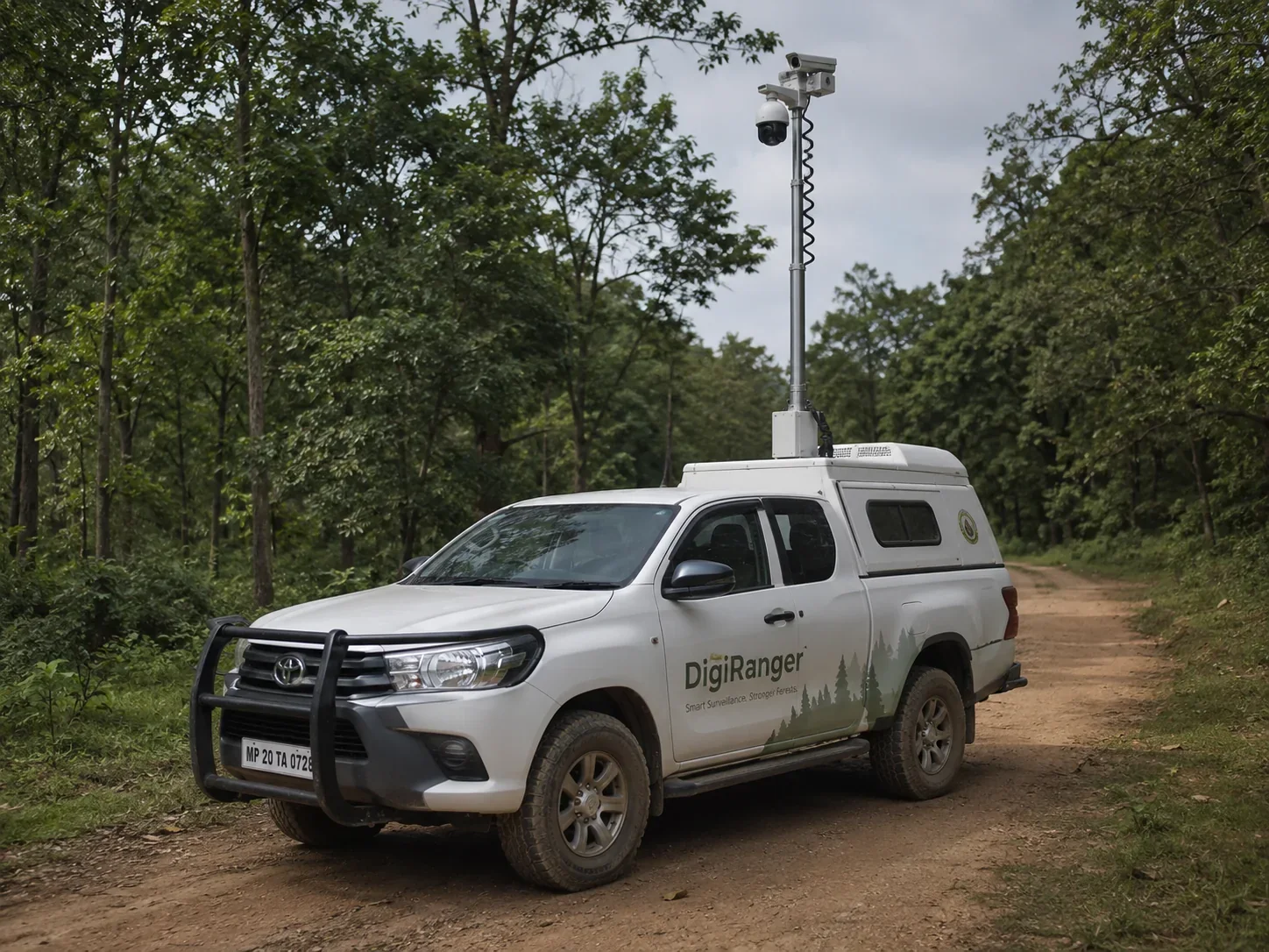 A white DigiRanger pickup parked on a forest track with its telescopic surveillance mast extended above the tree line.