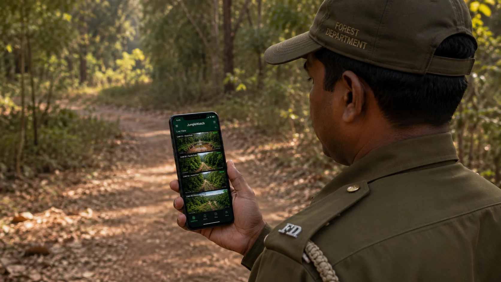 A uniformed forest officer on a jungle track holding a phone running the JungleWatch app.