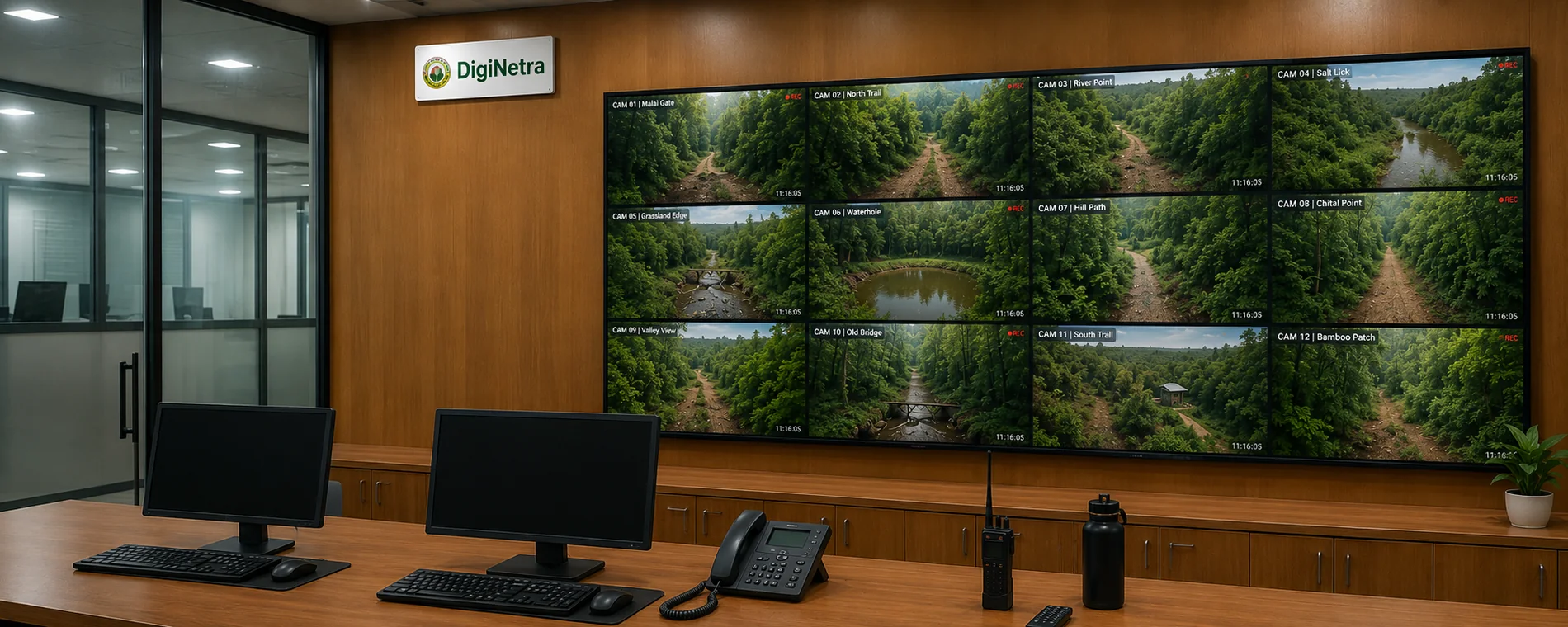 A DigiNetra control room with a twelve-screen video wall showing live forest camera feeds, facing two operator workstations.