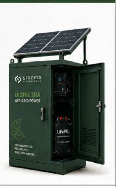 DigiNetra Off-Grid Power 1K: a green GI cabinet with roof-mounted solar panels, doors open to show the LiFePO4 battery and control panel.