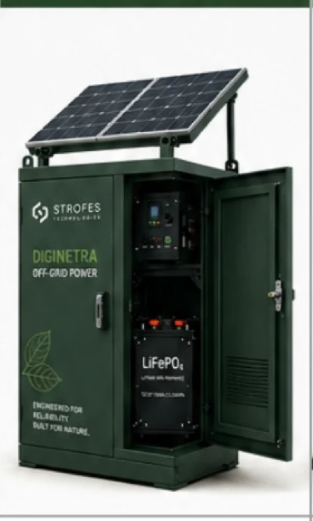 DigiNetra Off-Grid Power 2K: a green GI cabinet with roof-mounted solar panels and an open door showing the battery bank.
