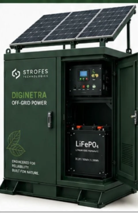 DigiNetra Off-Grid Power 3.5K: the largest cabinet in the range, with three roof-mounted solar panels and a 200 Ah LiFePO4 bank.