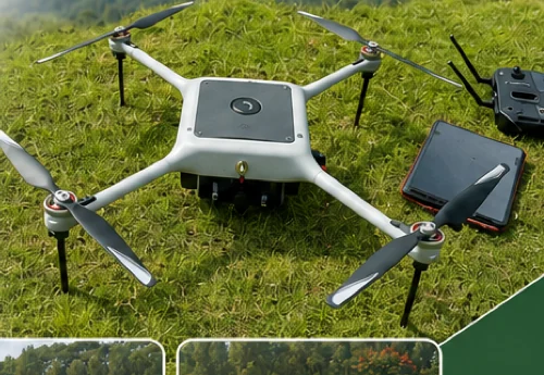 The Strofes High Endurance Drone on grass with its controller and battery pack, a white long-range quadcopter.