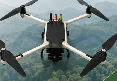 The Strofes Training and Surveillance Drone in flight above forested hills, a white quadcopter with a gimbal-mounted camera.