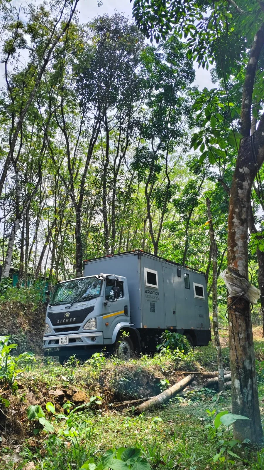 The camper truck seen from a distance among trees, showing how it sits in a forest camp.