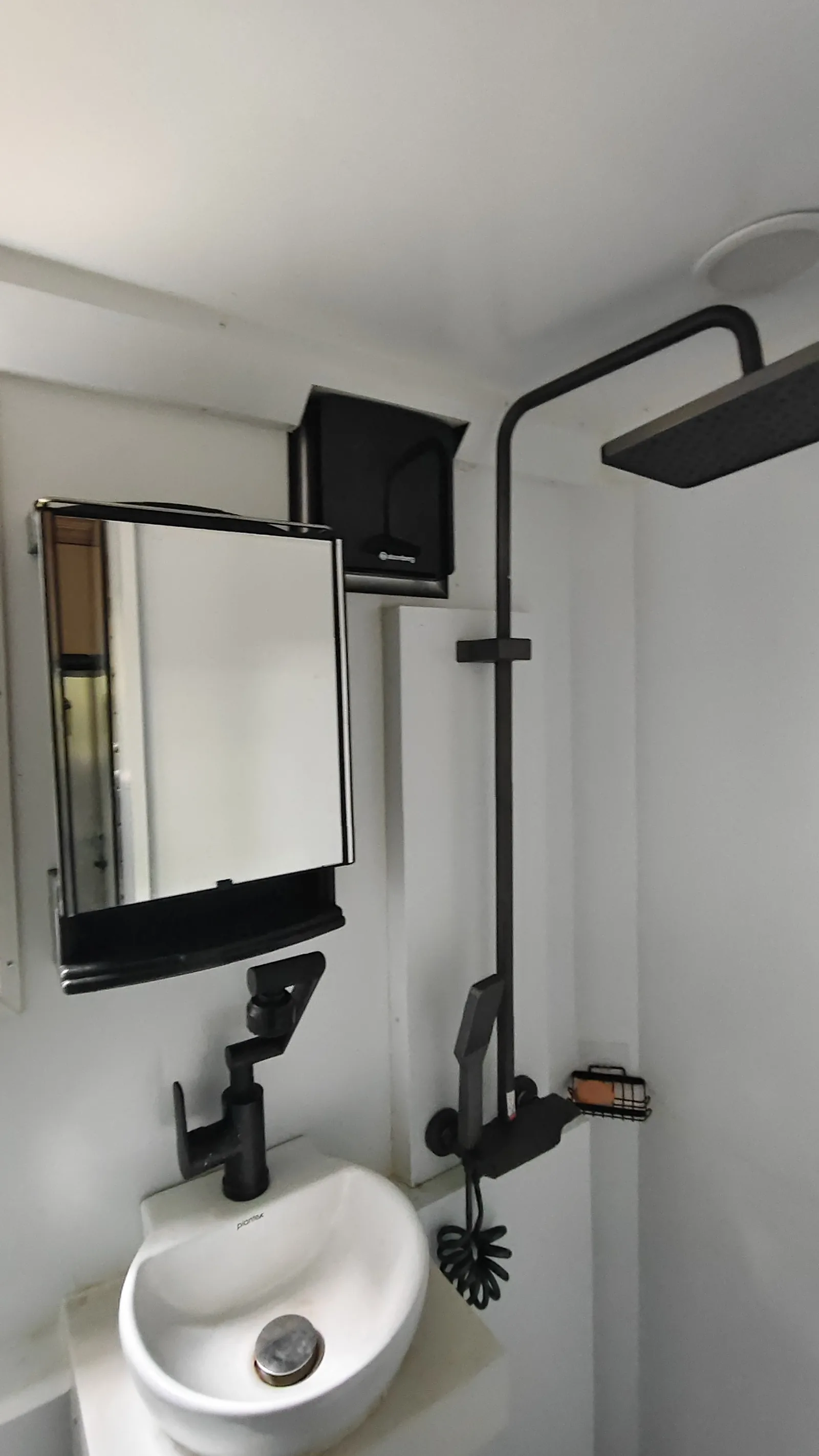 The enclosed wet room with overhead shower, washbasin and mirror.