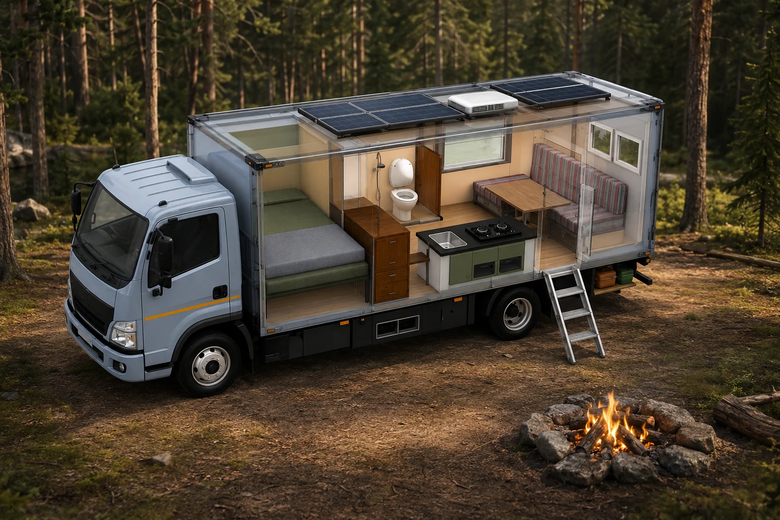 Cutaway render of the Bhanumati expedition truck camped in pine forest beside a fire, its habitat shown through glass walls: bedroom at the rear, wardrobe and drawers, an enclosed bathroom with toilet and shower, the kitchen run with hob and sink, and the lounge dinette at the front — with roof-mounted solar panels and the habitat air conditioner above, and the boarding ladder down.